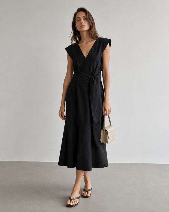 Vince Dresses & Skirts - Vince Flutter-Sleeve Tie-Back Midi Dress Womens M Black V-neck Sleeveless
